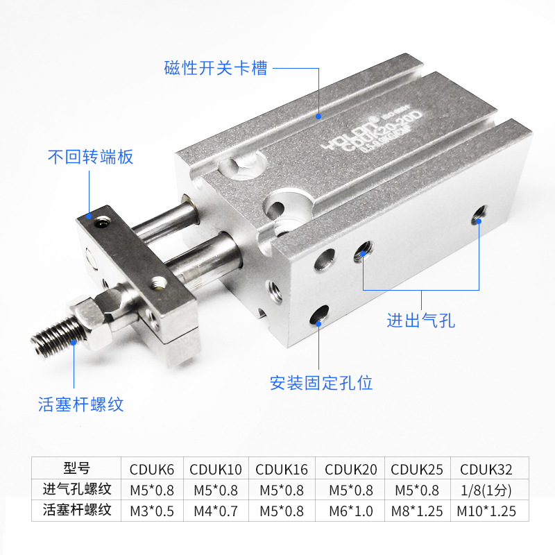 自由安装气缸MD/K不旋转多位置气动小型方可调行程带磁U1-5-