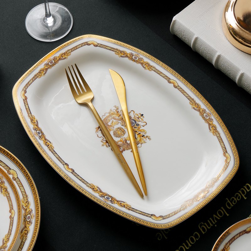 蒸鱼盘子家用骨瓷长方形大号金边鱼碟子盛鱼盘装微波炉英寸鱼盘