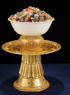 八吉祥供水碗羊脂玉瓷贡杯 家用装饰用品摆件 净水杯高脚托盘摆件