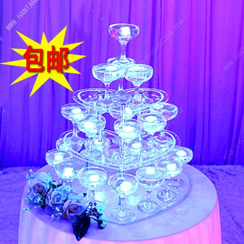 香槟塔新款LED发光三层心形酒塔架烛台婚礼道具婚庆香槟杯塔架子