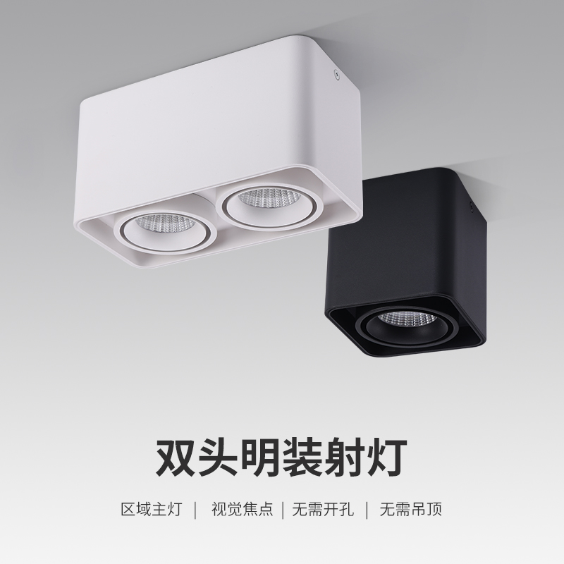 明装方形斗胆灯双头led射灯可调角度无主灯单头吸顶式家用cob筒灯