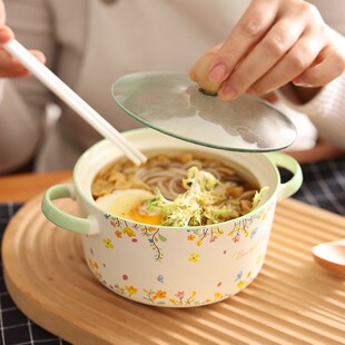 可放整块面饼!大号双耳带盖陶瓷泡面碗家用学生宿舍方便面碗汤碗