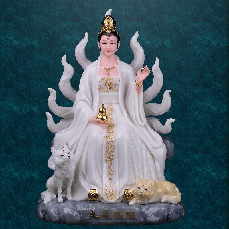 九尾狐神像汉白玉九尾娘娘九姑娘九公子红狐白狐青丘家用工艺摆件