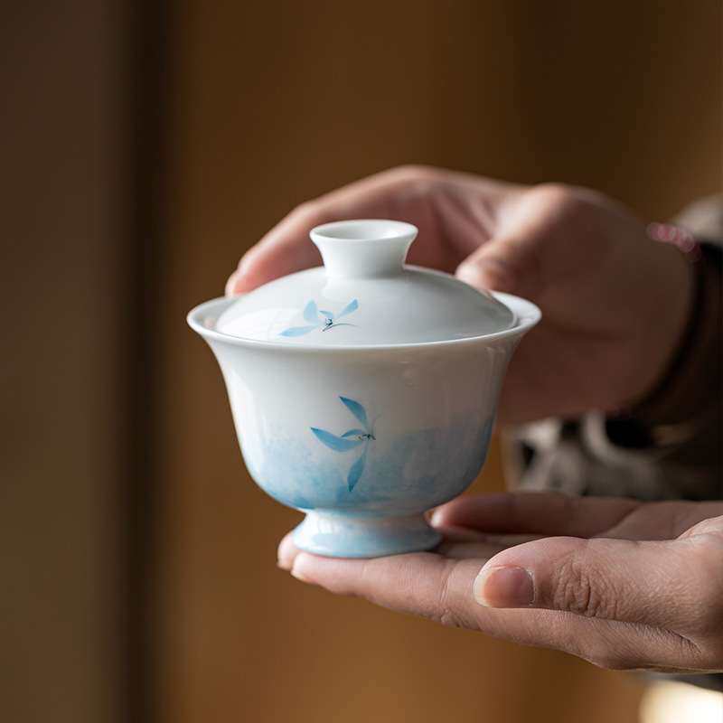 明泉茶斋手绘蝴蝶兰二才盖碗茶杯单个陶瓷茶碗带盖家用不烫手茶壶