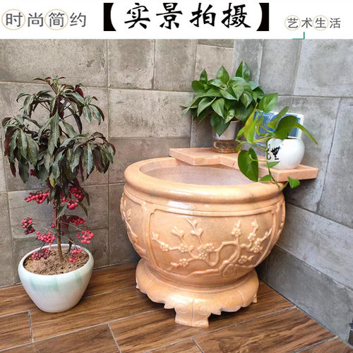 石雕鱼缸花盆天然汉白玉圆形水缸晚霞红中式仿古荷花鱼缸石槽摆件