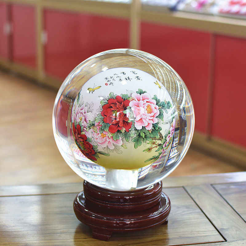 富贵牡丹内画水晶琉璃球玻璃工艺品家居摆件商务礼品送领导客户