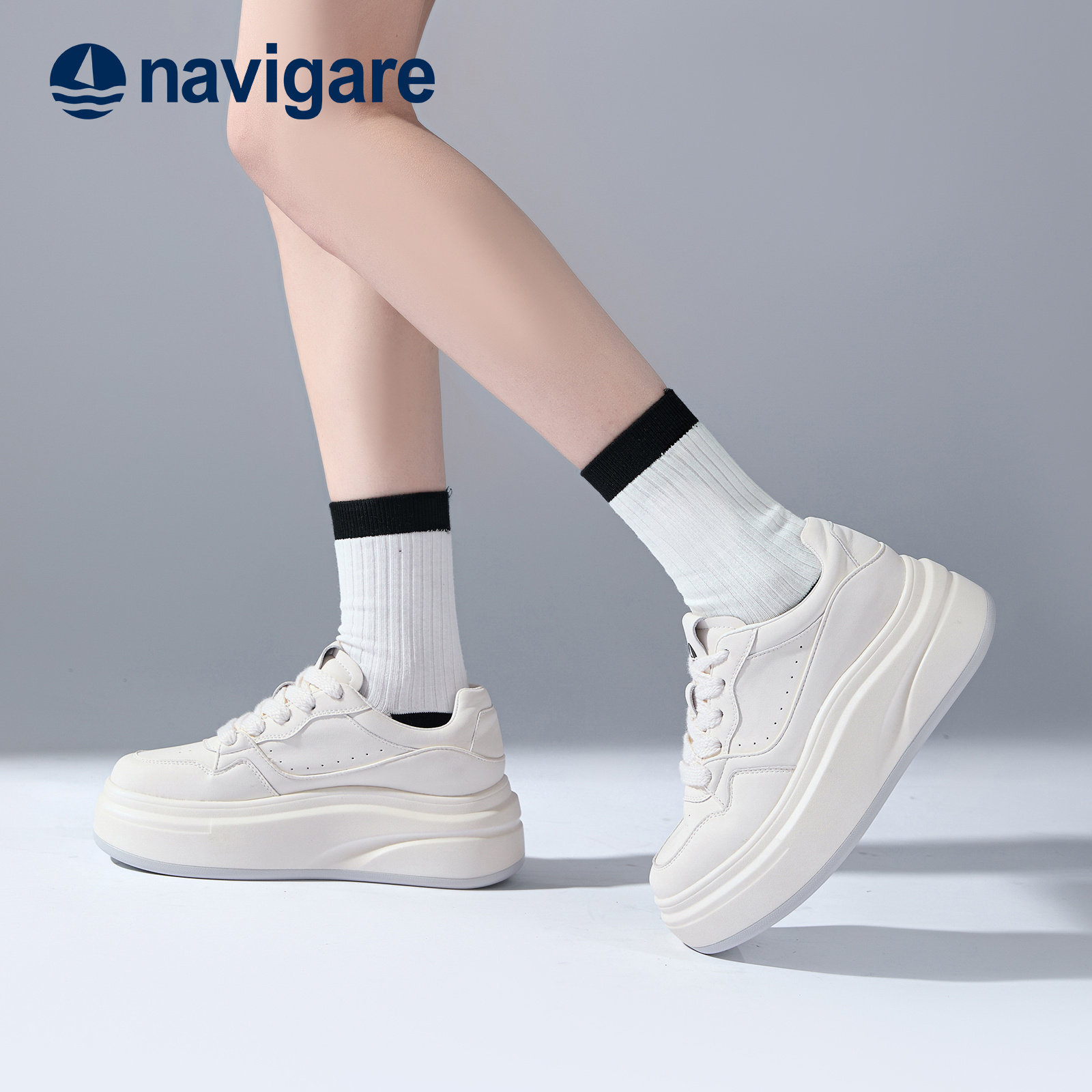 Navigare意大利小帆船小白鞋女款2026新款夏季巨好看轻便增高板鞋