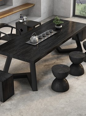 侘寂风实木桌椅组合客厅家用茶几碳化黑色商用大板办公接待泡茶桌