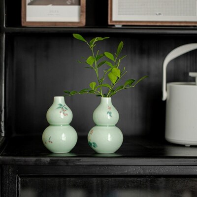 观儿茶香豆青葫芦插花陶瓷手绘花瓶茶室茶桌装饰品摆件花器国风