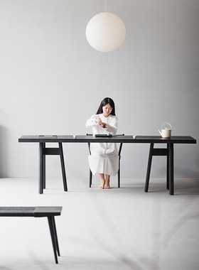 叁几 侘寂风黑色实木大板茶桌家用小户型书桌白蜡木餐桌子工作台