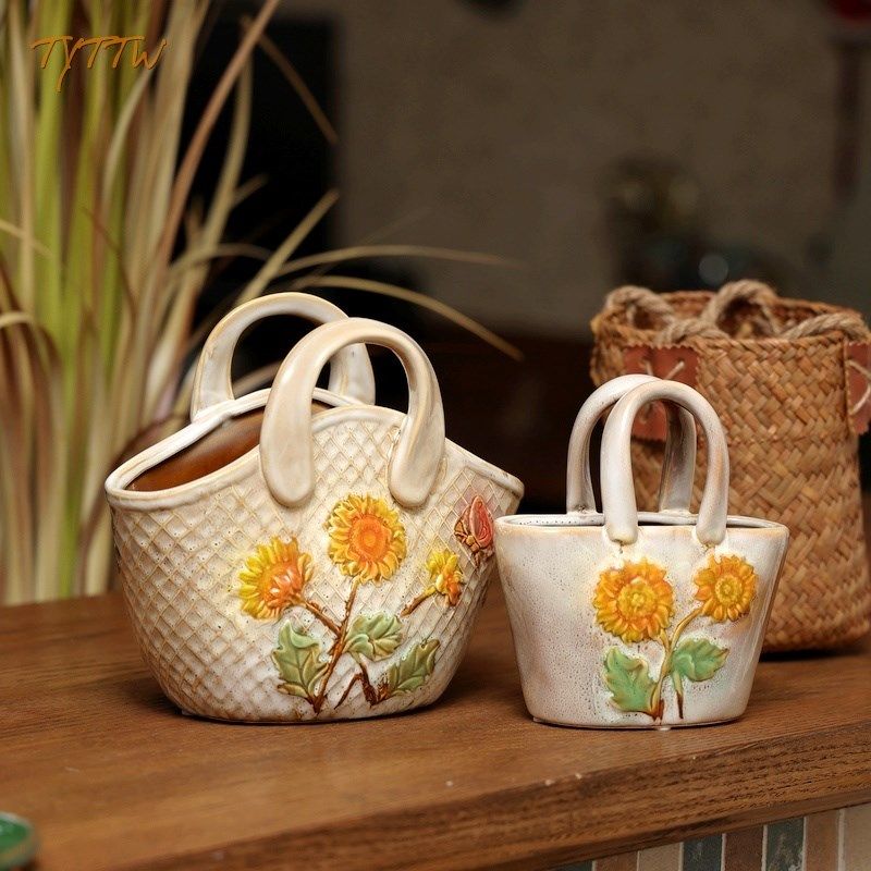 太阳花向日葵花手提陶瓷花篮花盆创意个性小清新复古田园装饰摆件,家居饰品,桌面摆件,淘宝优惠券,粉丝福利购,淘宝优惠卷
