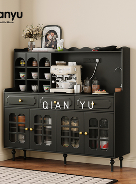 千语法式复古黑色实木餐边柜小户型客厅沙发边柜茶水柜家用咖啡柜