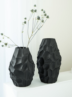 侘寂风艺术陶瓷花瓶中式黑色不规则插花摆件客厅创意玄关餐桌装饰