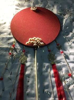 红色长柄团扇成品团扇汉服扇子古风拍照摄影舞蹈道具DIY自制宫扇
