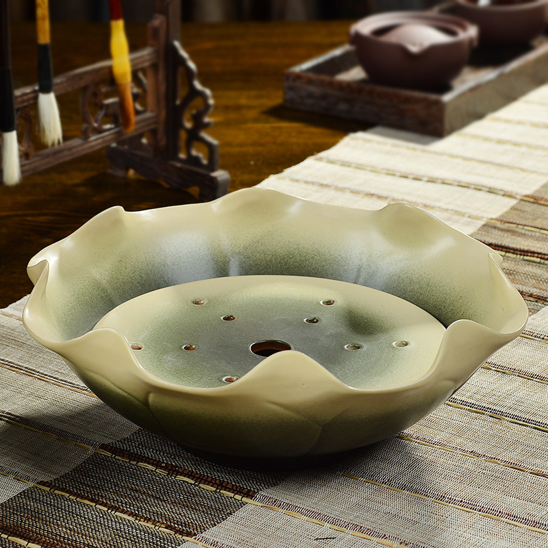 陶瓷茶盘圆形家用托盘大号储水荷叶盘干泡台茶台茶海功夫茶具套装