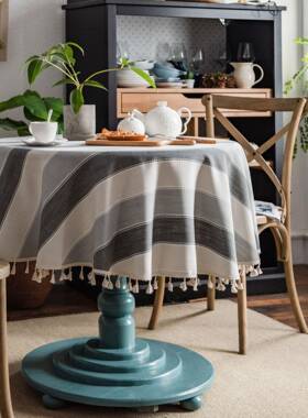 伊缦琪韵桌布灰色色织条纹流苏仿棉麻餐桌布圆桌茶几艺长方形