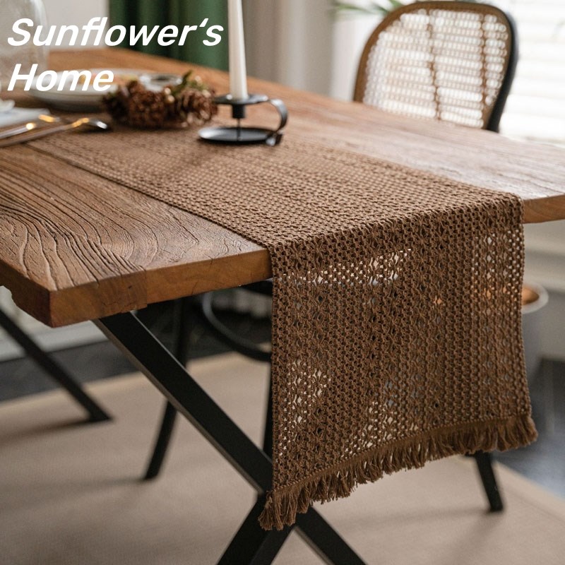 复古棕编织流苏棉麻桌旗桌布茶几餐垫桌垫派对拍照背景布原木风
