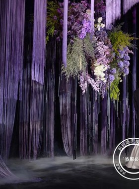 新款高特密加厚紫色婚庆线帘酒店舞台装饰道具婚礼流苏直线垂帘