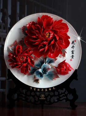 洛阳牡丹瓷盘摆件乔迁商务工艺礼品挂盘透光骨瓷描金边牡丹花瓷盘