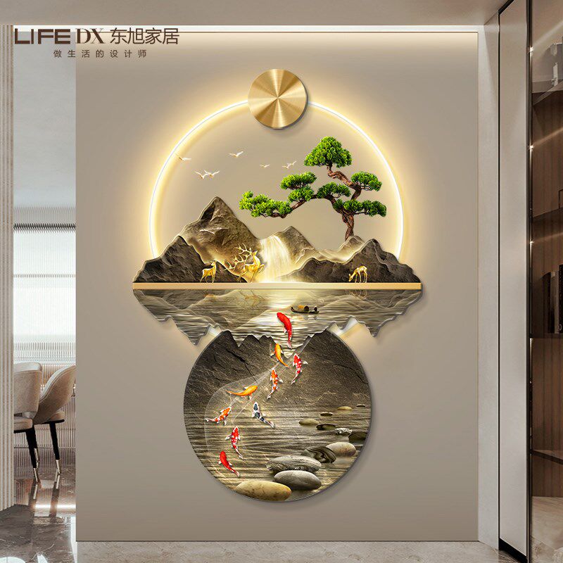 带灯玄关装饰画2025新款入户正对门挂画九鱼图走廊过道山水壁灯画