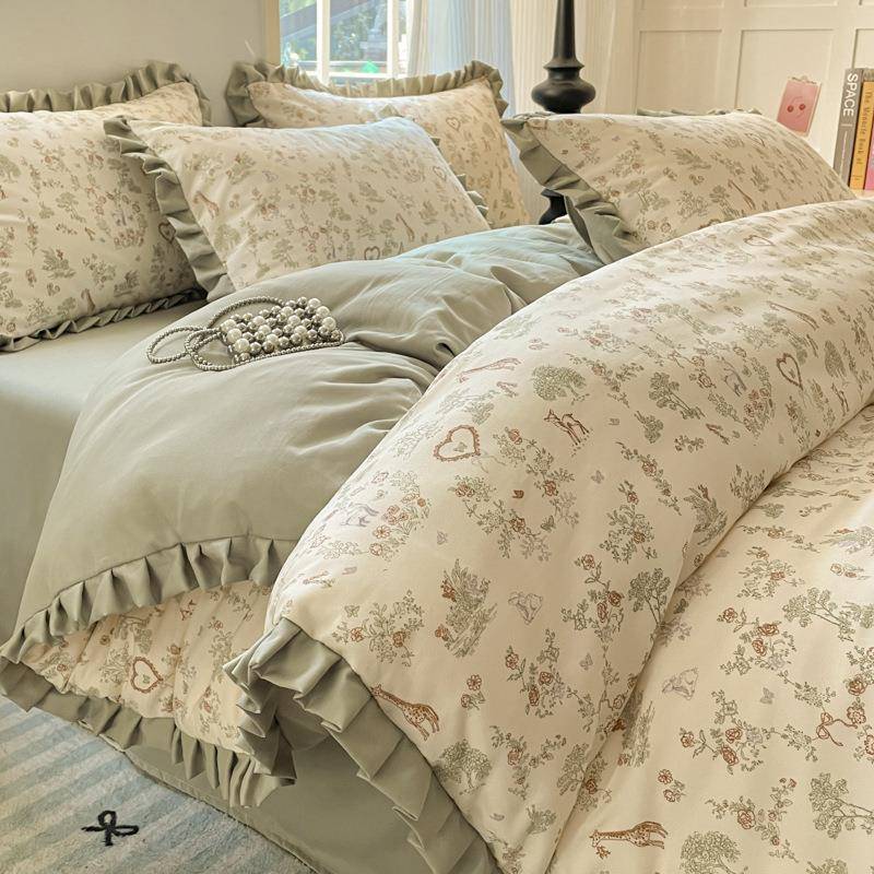 2025春季针织双层纱四件套公主风花边被套南通床上用品床单三件套