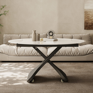 诧寂风岩板茶几方圆两用多功能升降茶几餐桌一体家用小户型圆茶几