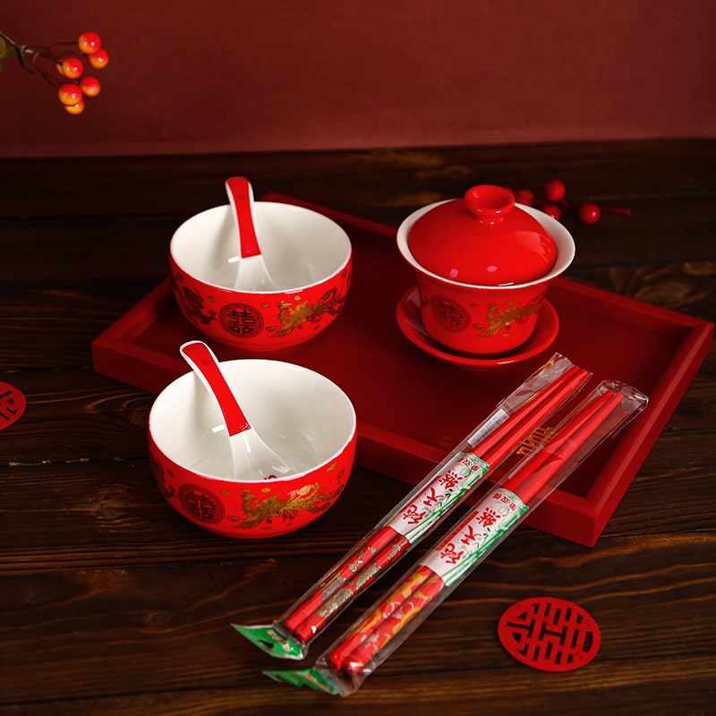 结婚敬茶杯装敬茶碗筷陪嫁改口喜碗红色红碗一对装敬酒用品大全