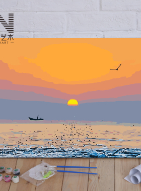 diy数字油画 海边风景夕阳日出手工填色涂鸦大幅定制油彩装饰画