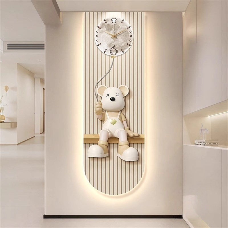 壁灯玄关装饰画LED氛围灯静音钟表暴力熊奶油风客厅墙壁挂钟灯画