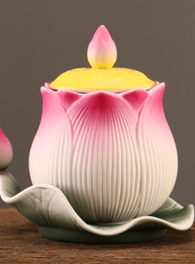 供水杯带盖陶瓷供水碗清荷手绘莲花贡水杯如来观音佛前供杯净水杯