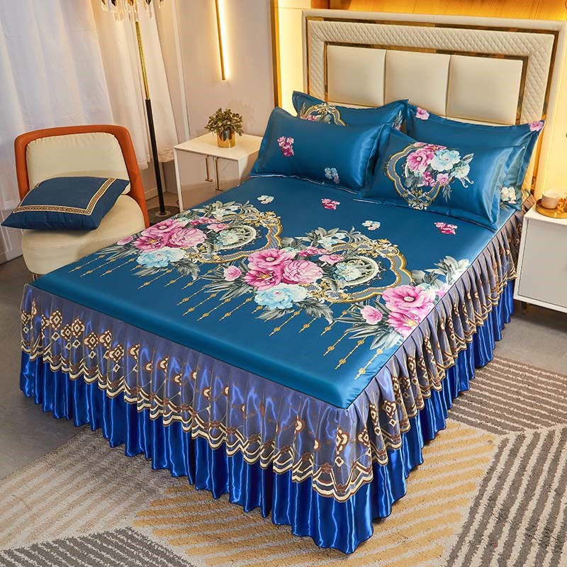 冰丝凉席三件夏季床裙款床罩防尘可机洗水洗折叠空调席床垫软席