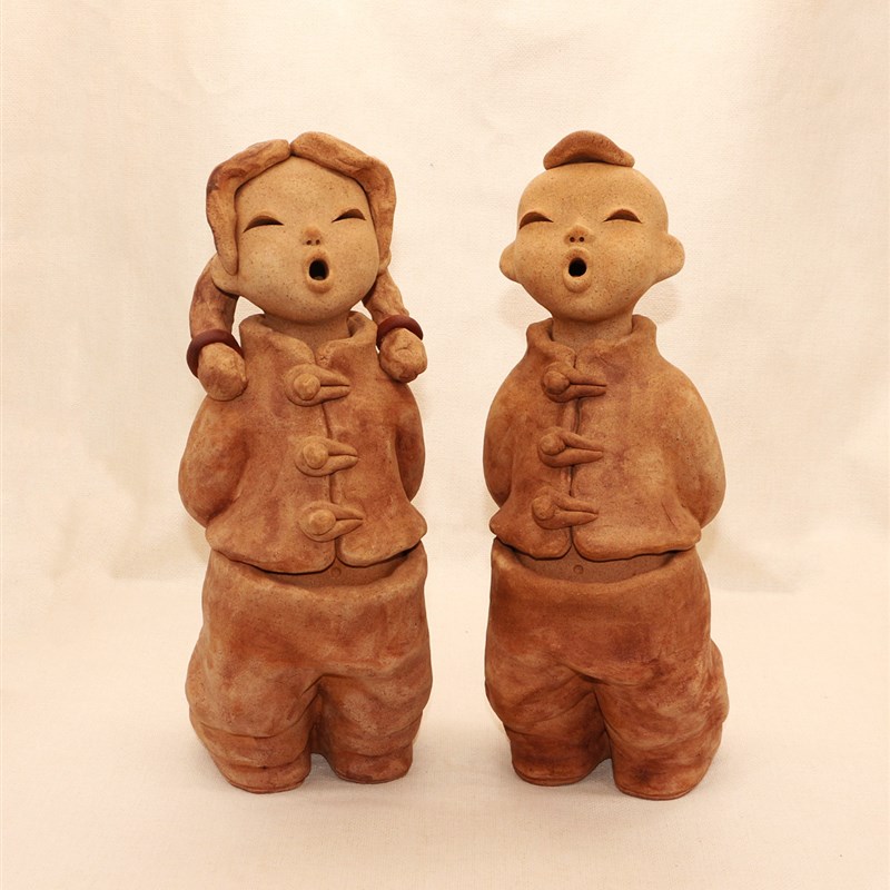 陶瓷工艺品纯手工土陶泥人家居饰品人物摆设粗陶泥人陶土娃娃学童