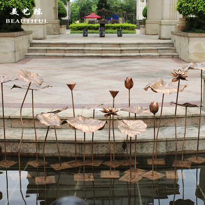 高档不锈荷叶古铜色摆件酒店会所大厅水池景观金属荷花落地软装饰