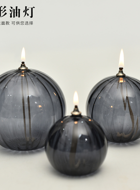 创意灰色条纹圆形玻璃油灯烛台摆件简约现代家用茶道无烟酥油灯