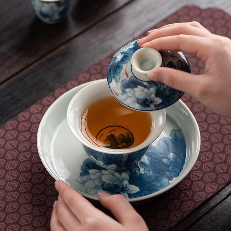 青花瓷壶承悬停三才盖碗蓄水陶瓷防烫壶托底座茶具干泡台茶承托盘