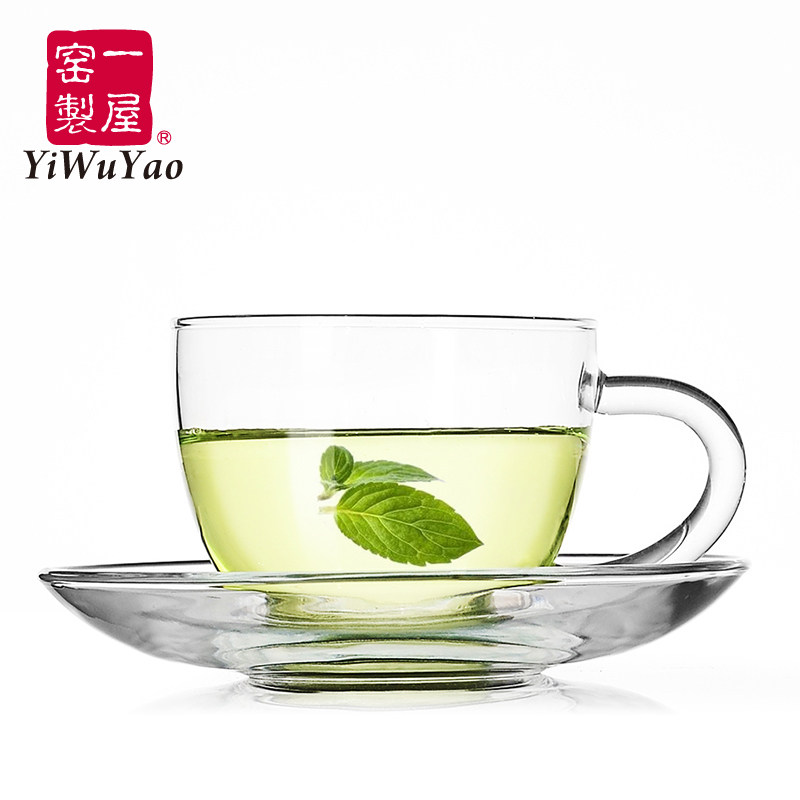 一屋窑透明带把玻璃杯碟花茶杯小水杯子品茗可爱功夫花草茶具