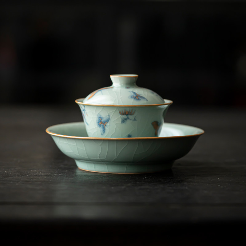 草木祠天青汝窑盖碗二才碗泡茶器陶瓷敬茶碗可悬停壶承养壶垫托盘