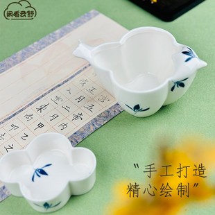 闲看云舒【云雀】清雅笔洗蝴蝶兰釉下手绘花雀子造型陶瓷笔洗水盂