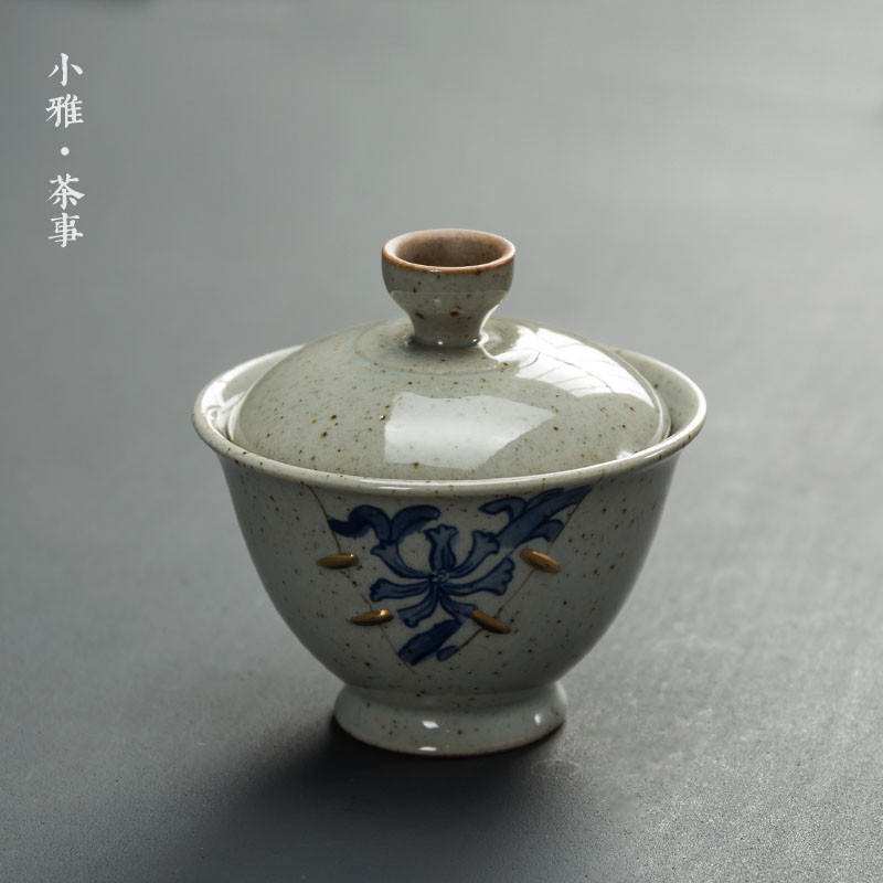 小雅 金缮仿古青花盖碗 手工焗瓷焗钉茶碗 复古陶瓷三才泡茶器