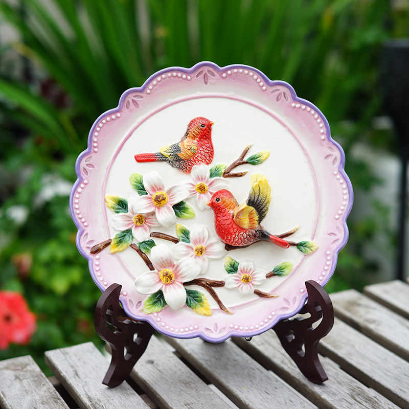 陶瓷红鸟装饰盘挂盘赠支架墙面装饰墙壁装饰工艺品工艺盘艺术摆盘