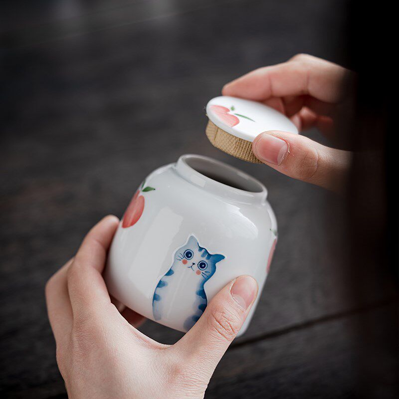 手绘萌猫茶叶罐陶瓷密封罐家用迷你便携小号茶叶存储罐子防潮罐小