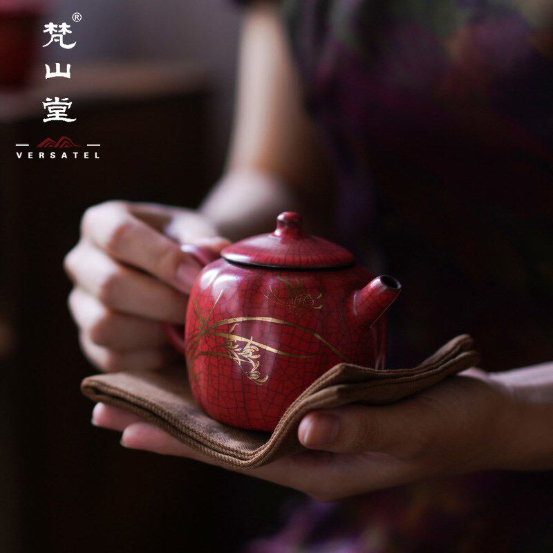 梵山堂手绘描金山楂红小品壶陶瓷泡茶壶老岩泥茶壶苏打釉开片陶壶