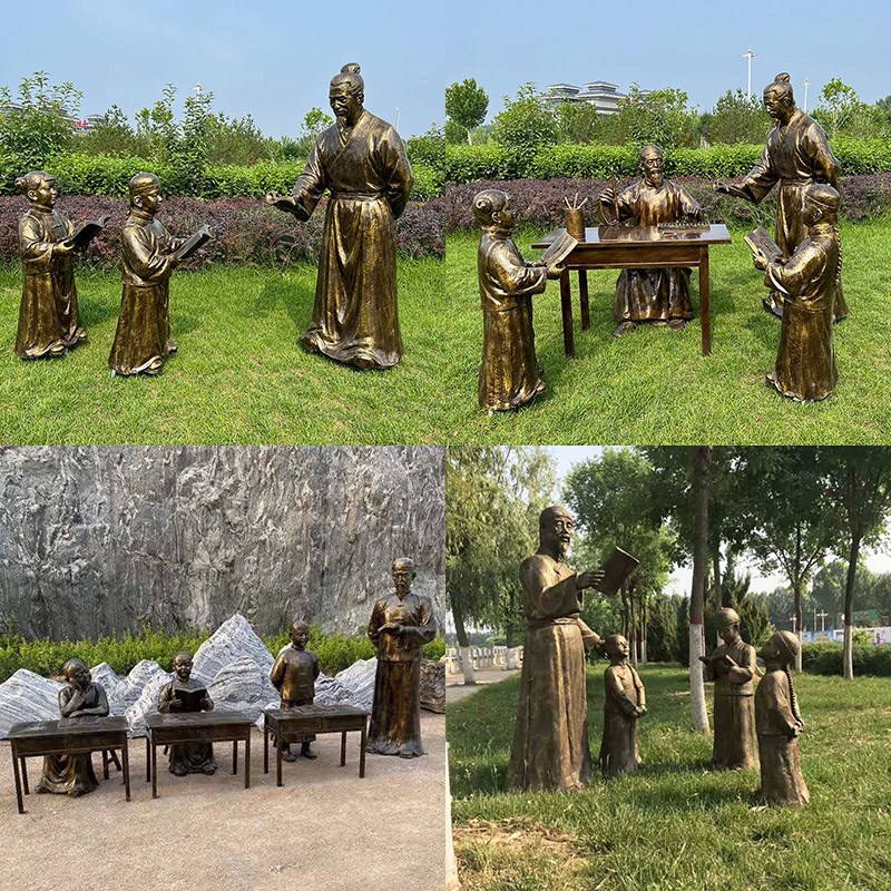 玻璃钢仿铜铸铜人物雕塑定制学校教书先生童趣马车战马景观摆件