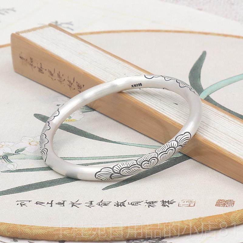 正品芍法药银手镯妈女夏纯999年轻新银款古实心闭口刻字镯子送女