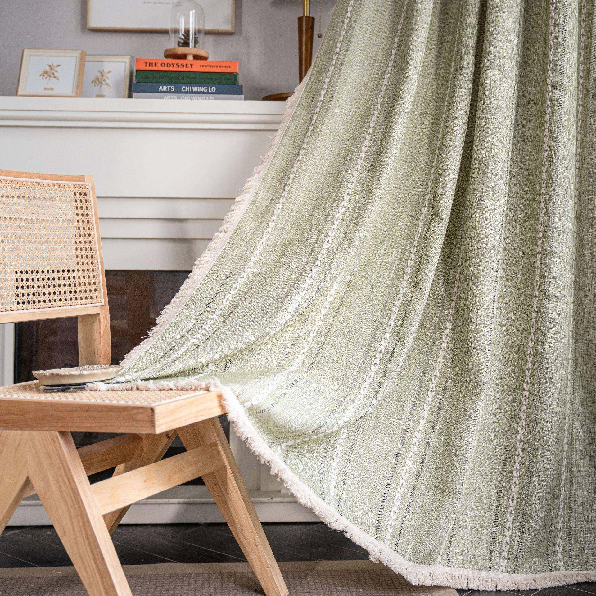 伊缦琪韵窗帘成品条纹绣花绿色纯色撞色厨房帘乡村风格半遮光飘窗