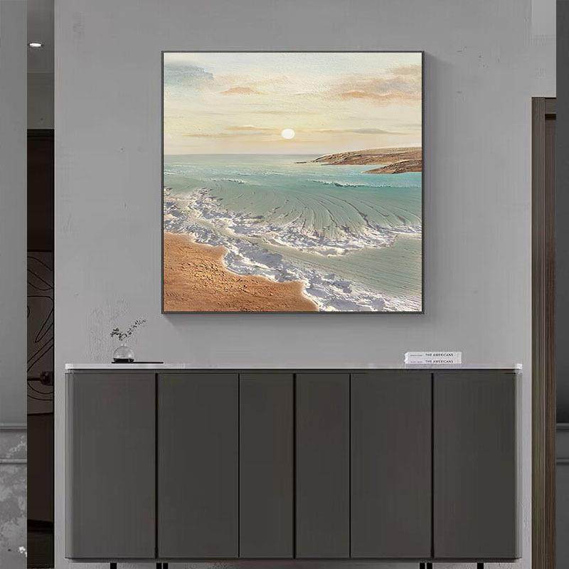 手绘油画轻奢餐厅装饰画现代简约日出海景饭厅挂画正方形手工壁画