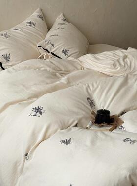 少女心纯棉皱皱纱四件套浪漫花卉刺绣全棉双层纱被套床上用品紫色