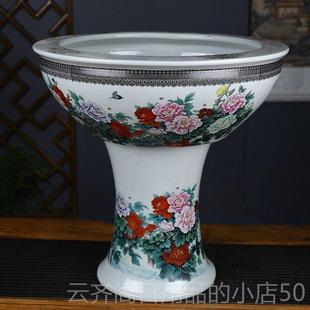 正品陶瓷青花盆地落鱼立柱式鱼缸特号金缸睡莲碗莲荷花大盆锦鲤室