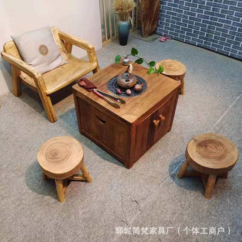 老榆木围炉煮茶桌冬季炭火实木火锅桌室内小户型茶桌椅组合烧烤桌
