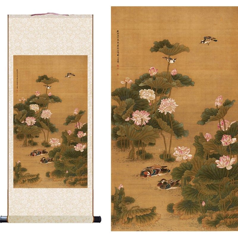 清 沈铨 荷花鸳鸯图国画名画微喷打印卷轴画仿古画卷轴装饰挂画